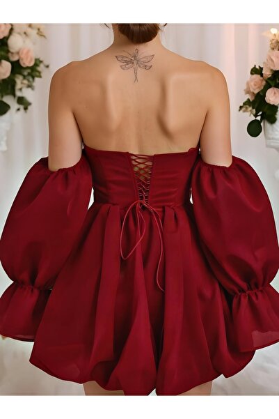 DADUCOLLECTİON Kırmızı balon etek işlemeli karolin abiye party elbisesi