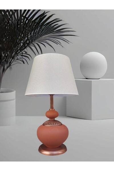 DEDE ATHYRA SERAMİK ABAJUR KIRMIZI BAKIR KAPLAMALI KREM ŞAPKALI