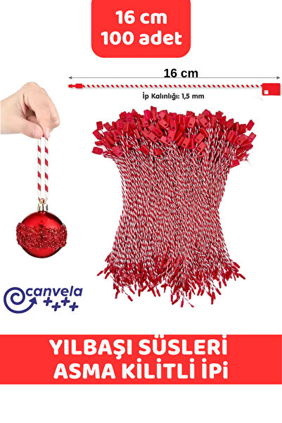 CANVELA Yılbaşı Süsleri Asma İpi Kırmızı Beyaz Kilitli İp Renkli Etiket Bağla...