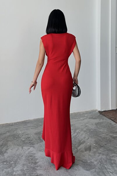 ALFUDO Moda Collection Women's Red Scuba Diving Fabric Double Breasted Collar Skirt Flounce Evening Dress Graduation Wedding Dress