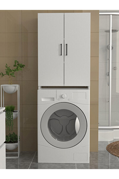 dorpek Ternos Çok Amaçlı Çamaşır Makinesi Dolabı 3 Raflı Kapaklı Banyo Dolabı Beyaz