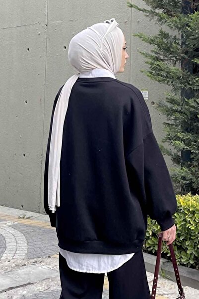 lamelif Jasmin Bisiklet Yaka Oversize Sweat Siyah