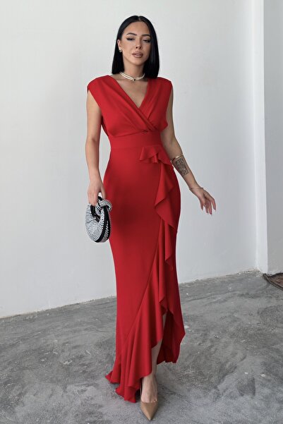 ALFUDO Moda Collection Women's Red Scuba Diving Fabric Double Breasted Collar Skirt Flounce Evening Dress Graduation Wedding Dress