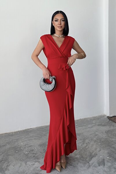 ALFUDO Moda Collection Women's Red Scuba Diving Fabric Double Breasted Collar Skirt Flounce Evening Dress Graduation Wedding Dress