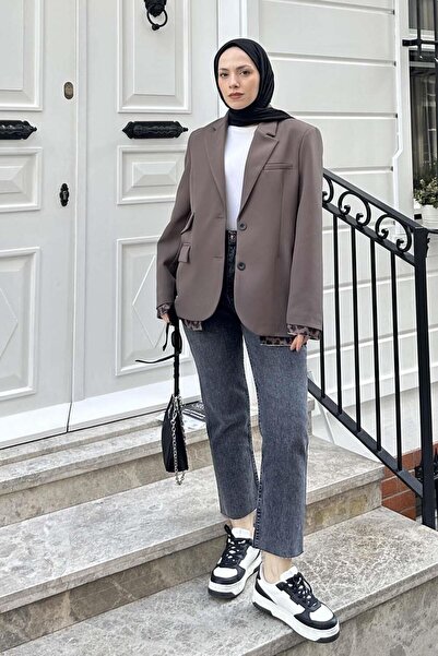 lamelif Λεοπάρ Λεπτομερές Μπλέιζερ Μπουφάν σε χρώμα βιζόν