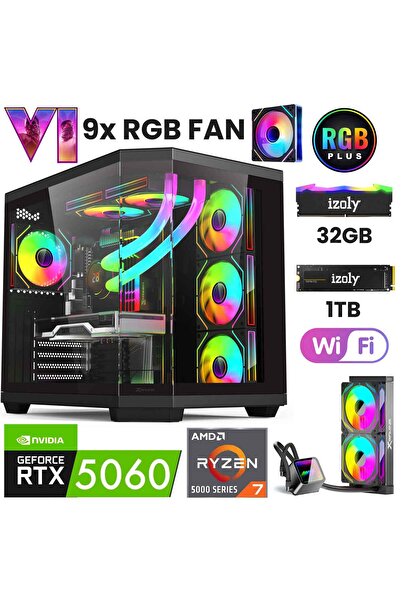 IZOLY T52 Ryzen 7 5700X 32GB 1TB M.2 NVME RTX 5060 8GB 240MM Sıvı Soğutma Oyuncu Masaüstü Bilgisayarı