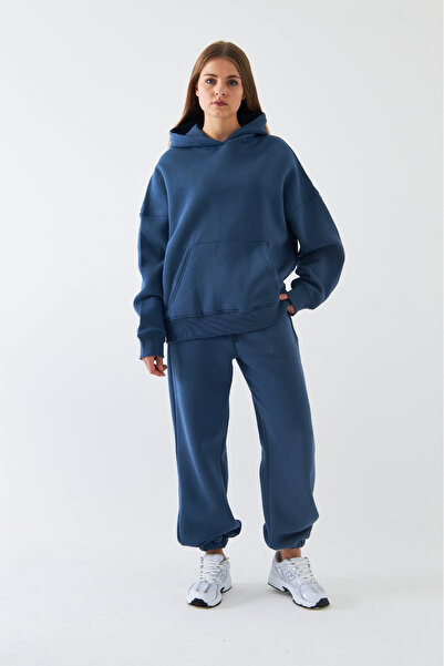 Gia Collection طقم رياضي كبير الحجم للجنسين باللون الأزرق البحري – أساسي، صوف مزركش بثلاثة خيوط؛ قميص بغطاء للرأس، أسفل مطاطي