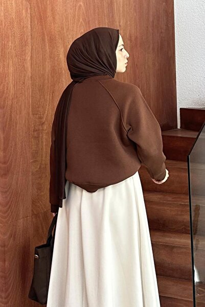 lamelif Düşük Omuz Üç İplik Sweatshirt Acı Kahverengi