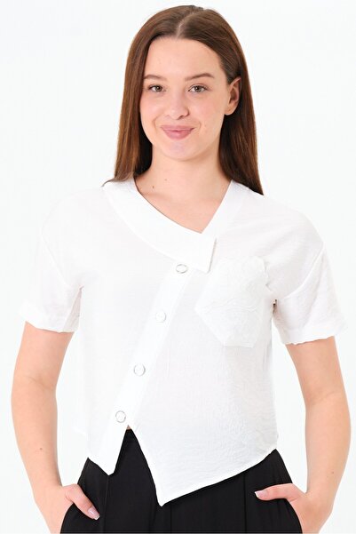 Sortie Collection Women's Beige Color Asymmetric Collar, Rose Embroidered Pocket, Ornamental Button, Short Sleeve, Short Length, Woven Shirt