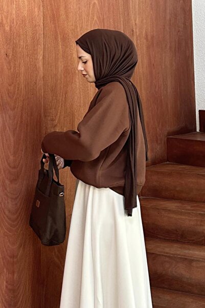 lamelif Düşük Omuz Üç İplik Sweatshirt Acı Kahverengi