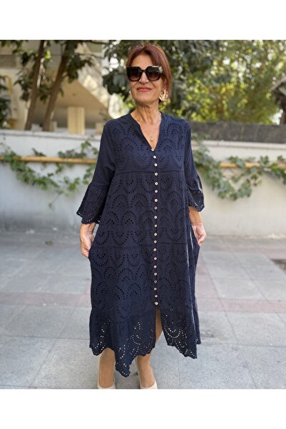 DenizEge All Button Brode Dress Navy Blue