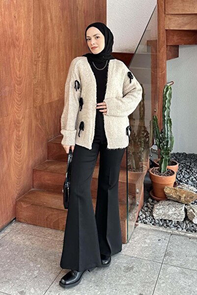 lamelif Καφέ ζακέτα με λεπτομέρεια φιόγκου με γάλα