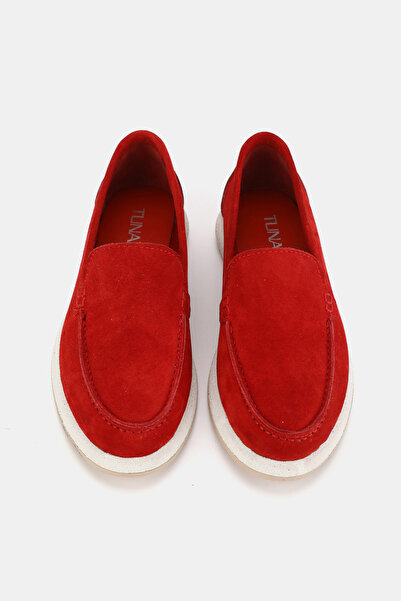 TUNAELLİ KADIN KIRMIZI SÜET HAKİKİ DOĞAL DERİ 36-41 NUMARA LOAFER AYAKKABI