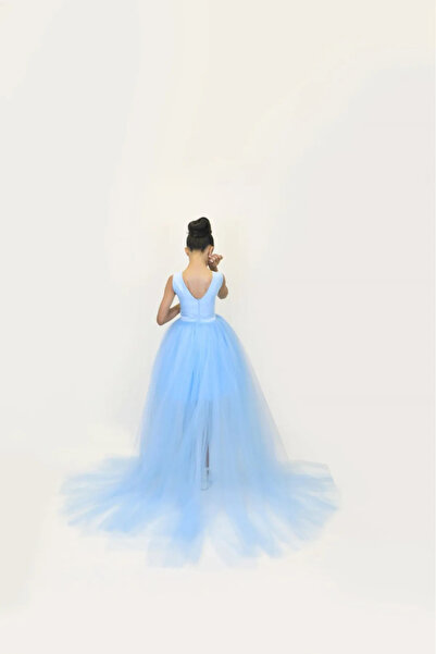 Tomac Kız Çocuk Arkası Uzun Kuyruklu Tütü Etek Mezuniyet Parti Elbisesi Mavi