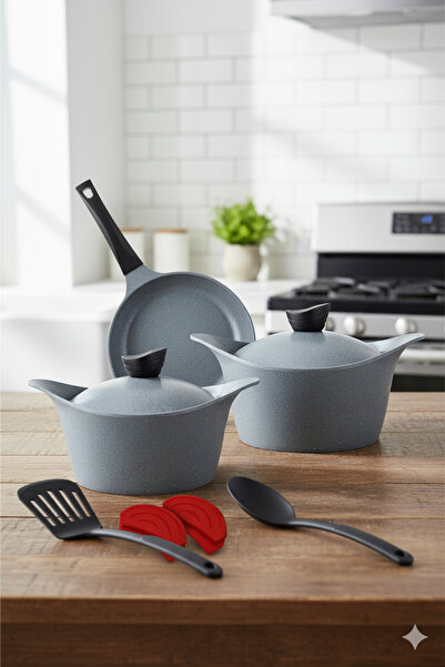 Badraig 9-Piece Granite Cookware Set Marble Nonstick Coating Grey