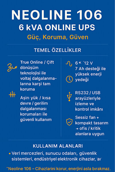 TESCOM UPS NEOLINE 106 – 6 kVA Online Kesintisiz Güç Kaynağı (16×12 V 7 Ah)
