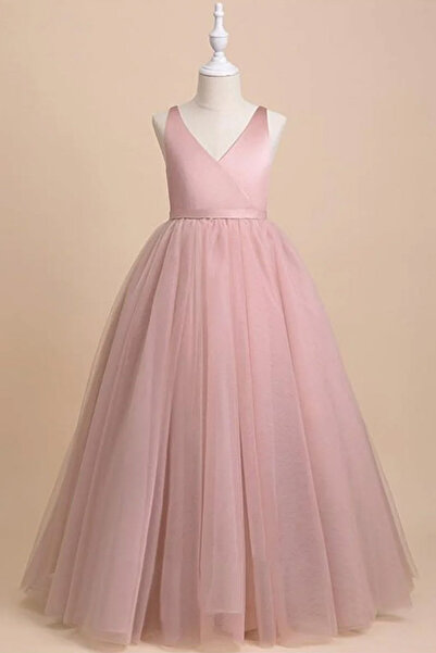 Tomac Kız Çocuk Pudra Kruvaze Yaka Elbise