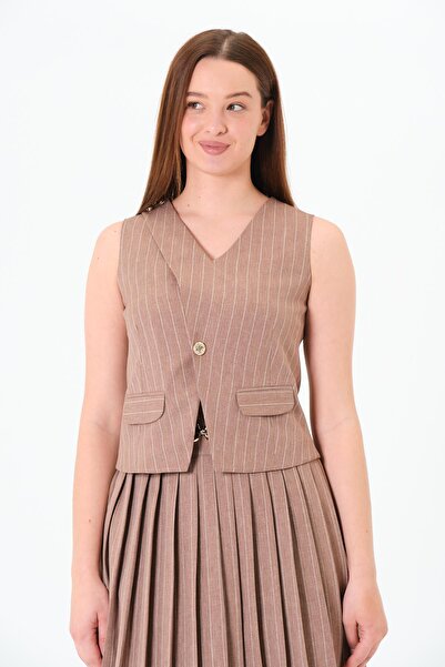 Sortie Collection Women's Brown V-Neck Striped Vest with Pocket Detail, Midi Length, 3 Metal Buttons