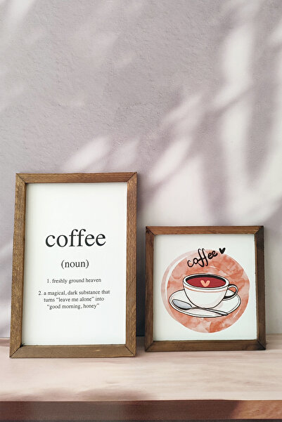 Wooden Factory Coffee Noun Cup Wooden Frame Set of 2 Paintings