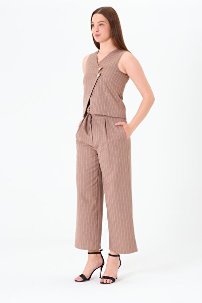 Sortie Collection Women's Brown V-Neck Striped Midi Length 2 Button Vest