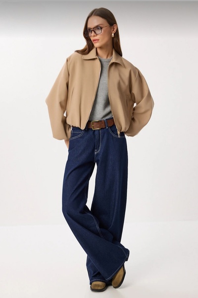 Safgiyim44 Camel Lined Zippered Bomber Jacket with Elastic Waist