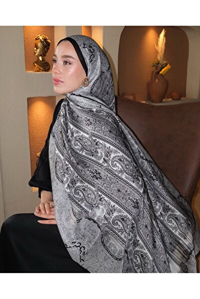 LEİLA SCARF شال حريري أسود مستورد من الفوال كبير الحجم