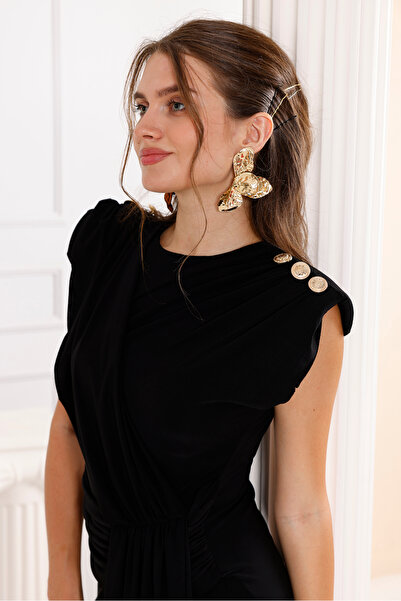 Moda Palmiss Kadın Siyah Büzgü Detaylı Omuz Aksesuarlı Kolsuz Sandy Abiye Elbise