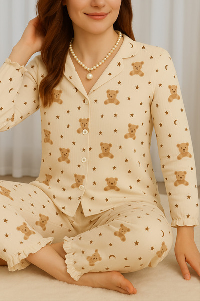 ELİTOL Yıldız Ayıcık Desenli Bürümcük Örme Uzun Kol Kadın Düğmeli Pijama Takımı