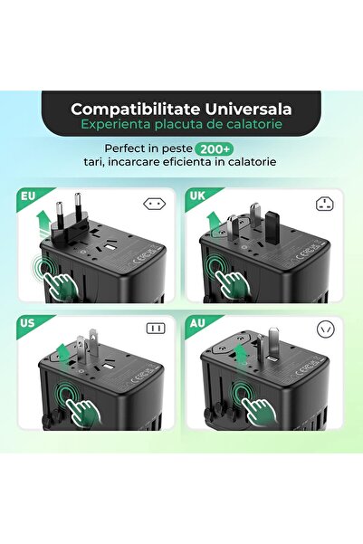 Timebox Universal travel charger adapter 2 x USB 3 Type-C for US UK EU Australia Asia Black