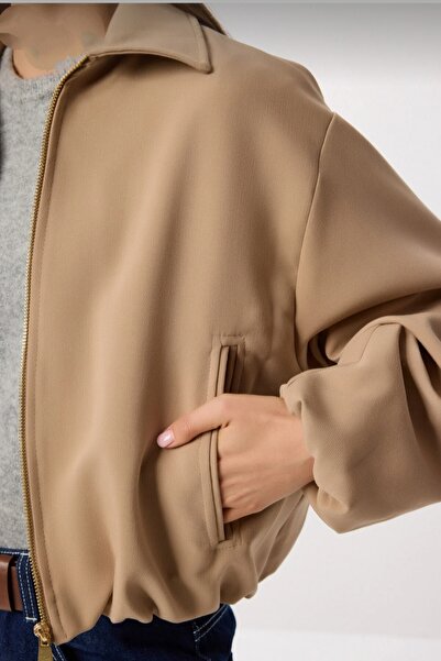 Safgiyim44 Camel Lined Zippered Bomber Jacket with Elastic Waist