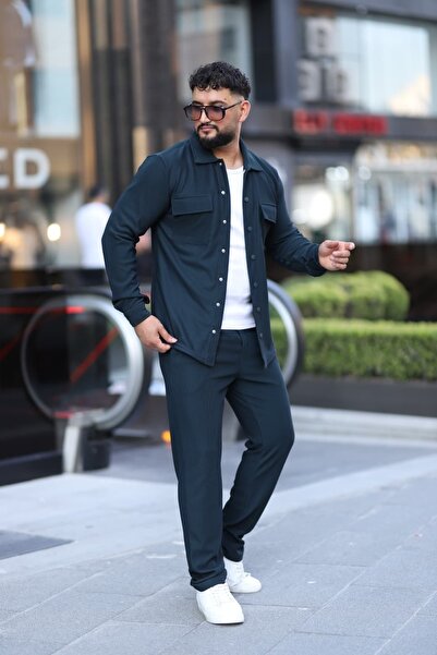 L-KOM Çift Cepli 2'li Takım Pamuklu Rahat Gömlek & Pantolon Takımı