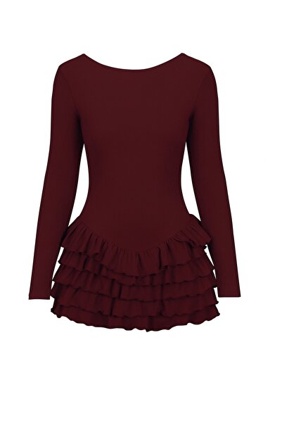 La Sarta Vienna Uzun Kollu Fırfırlı Bordo Elbise