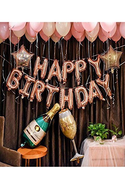 Parti dolabı Happy Birthday Doğum Günü Balonu Kombini Folyo Gold Rose 10 Pembe, 10 Beyaz, Kadeh ve Şampanya Balon