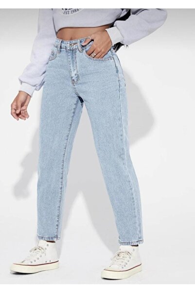 Asia Nicowomen's High Waist Blue Snow Wash Lycra Mom Jeans Boyfrend