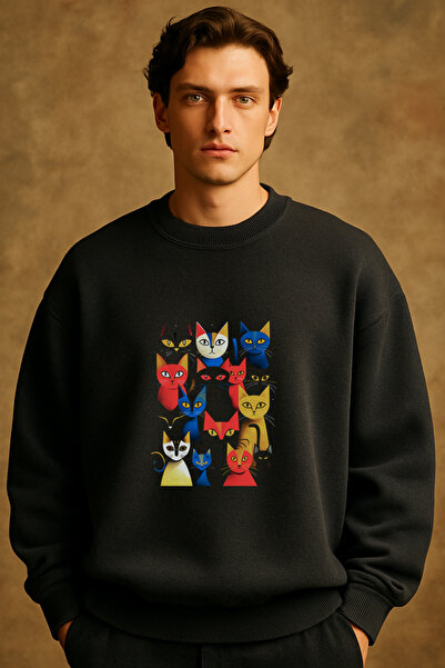 'Colorful Cats Club' Lacivert Oversize Sweatshirt