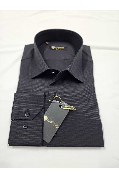ANDINO Slimfit Black Patterned Men's Shirt with Lycra Slim Fit Structure As07...
