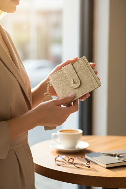 Classbag Kadın Krem Anahtarlık Ve Kartlık Detaylı Mini Cüzdan