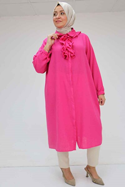 Eslina F-58029 Büyük Beden Önü Fırfırlı Düğmeli Keten Gömlek - Fuşya