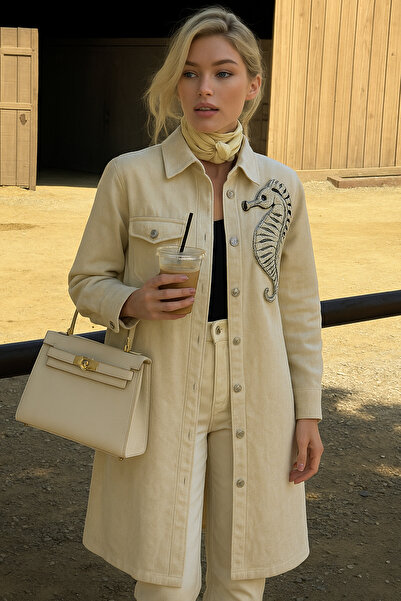 GZ Design Gümüş Denizatı Işlemeli Uzun Krem Jean Ceket