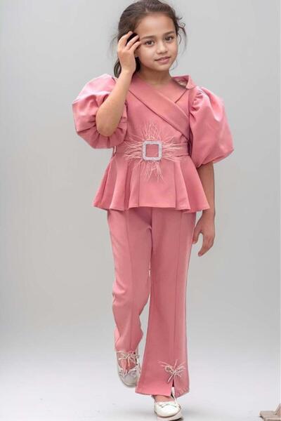 Riccotarz Lány cipzár és öv részletes duplasoros gallér, rózsaszín alsó és felső szett