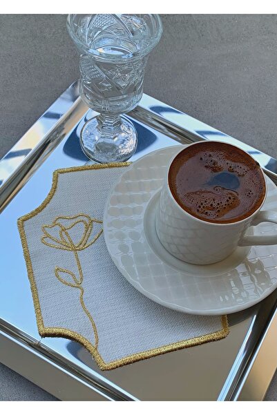 Mora Tekstil Özel Tasarım Keten Sunum Peçetesi, Simli Nakışlı Kahve Yanı Peçe...