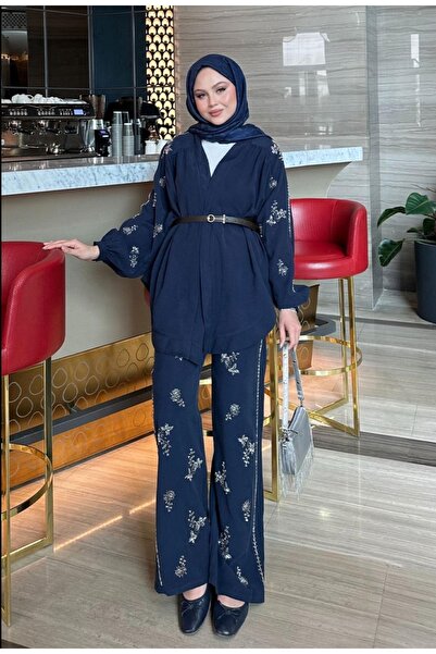 Safgiyim44 Embroidered Kimono Set-Navy Blue
