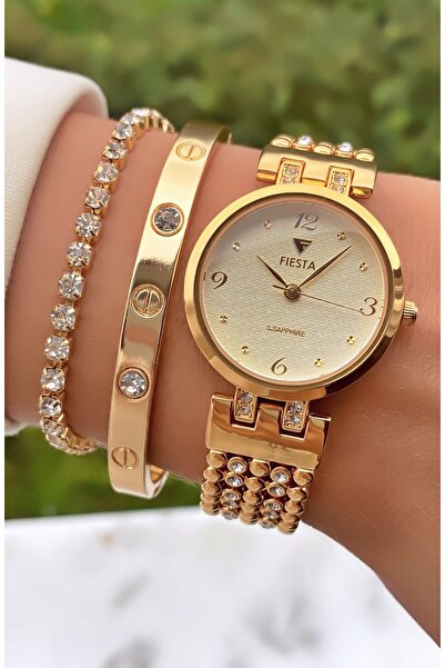 Fiesta Gold Yellow - Stoned - Steel Band - Women's - Wristwatch - with Bracelet Gift