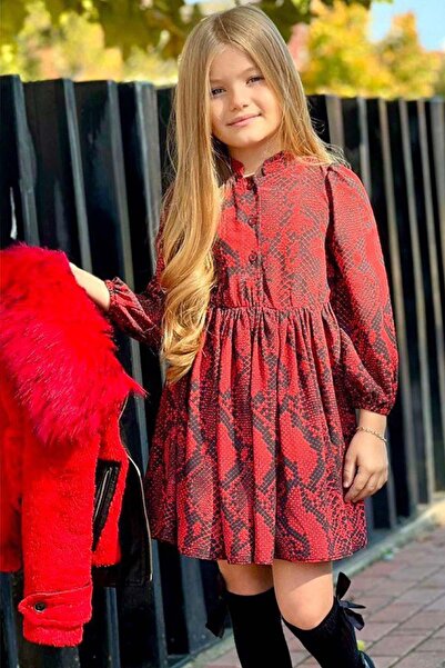 Riccotarz Girl's Fur Collar, Leather Detailed Plush Jacket and Patterned Red Dress