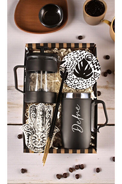 gagga Kişiye Özel Çelik Bardak Termos & French Press & Tütsü & Ahşap Bardak Altlığı Hediye Set