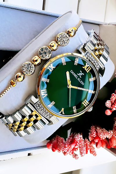 Daniel Klein Stoned Waterproof Women Wristwatch Gold Silver Green Steel Band Gift Bracelet Dkby2032C3