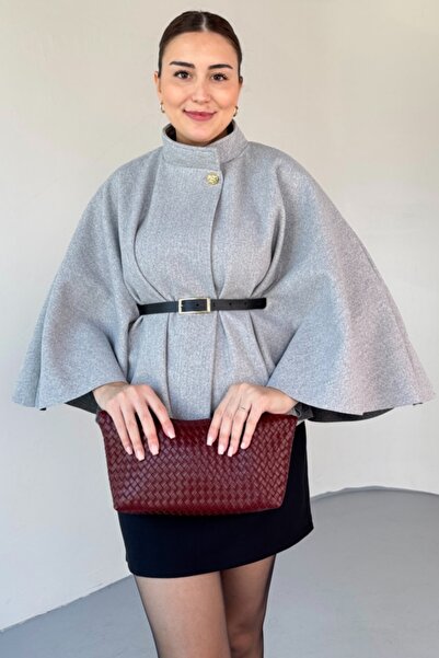 Safgiyim44 Gray Gold Buttoned Belt Detailed Cashmere Poncho