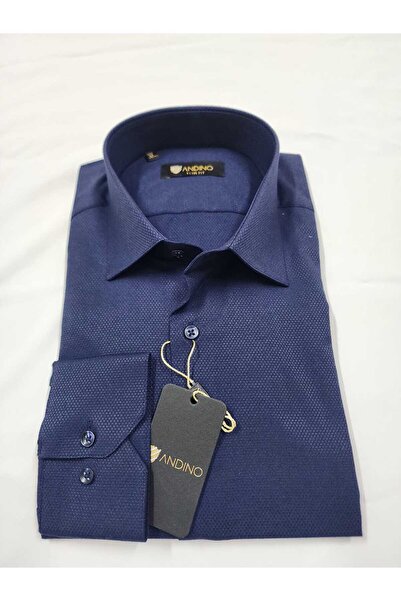 ANDINO Slimfit Navy Blue Patterned Men's Shirt with Lycra Slim Fit Structure ...