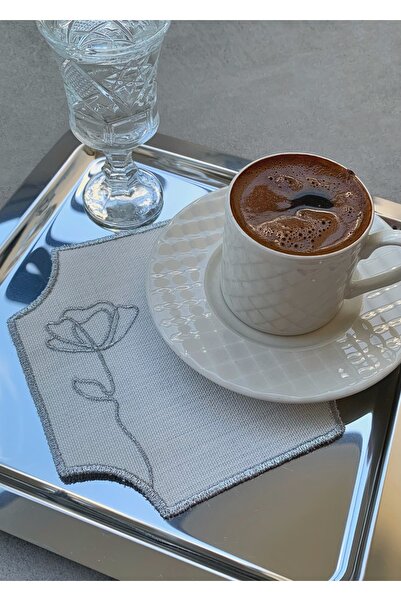 Mora Tekstil Özel Tasarım Keten Sunum Peçetesi, Simli Nakışlı Kahve Yanı Peçe...