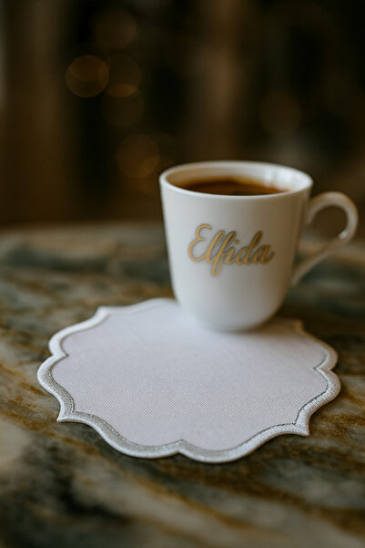 ELFİDA Luxury Embroidered Cocktail Coffee Serving Tray Napkin Mini Placemat - Silver Glitter Baroque 1 (2 Pcs)
